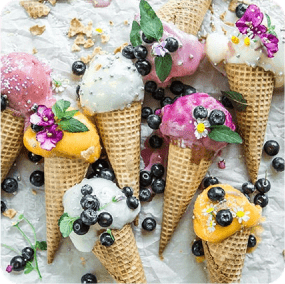 Fruit ice cream in cones